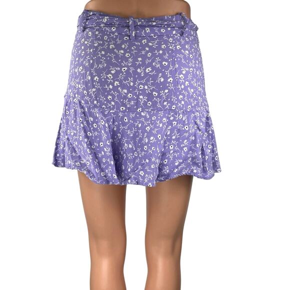 Zara Purple White High Waisted Floral Belted Tie Ruffle A Line Mini Skirt Size M - Picture 3 of 4